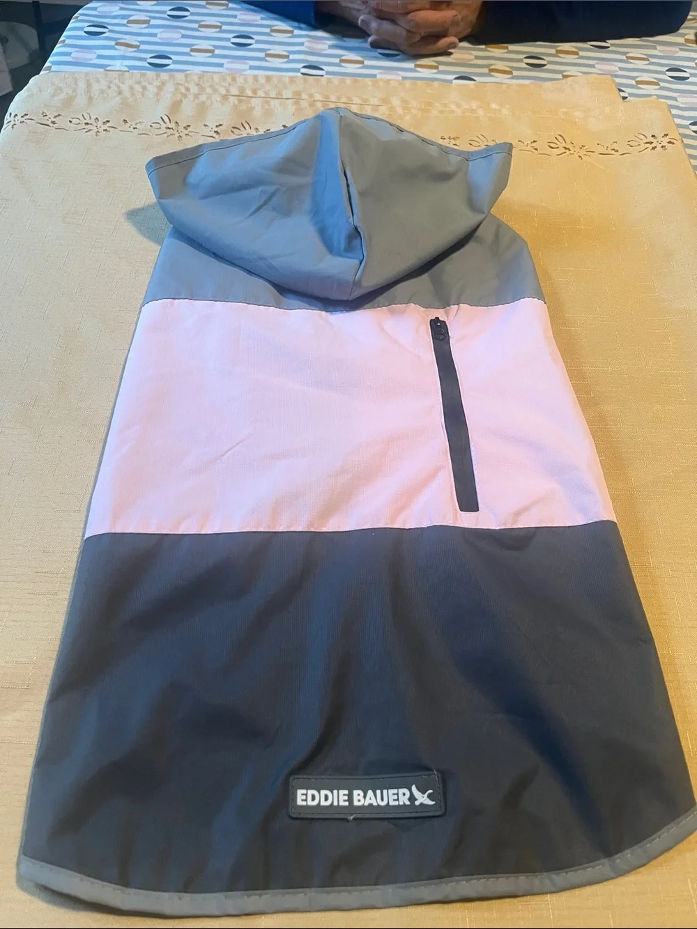 Eddie Bauer Pink and Gray Colorblock Dog Rain Jacket with Hood- Size Large